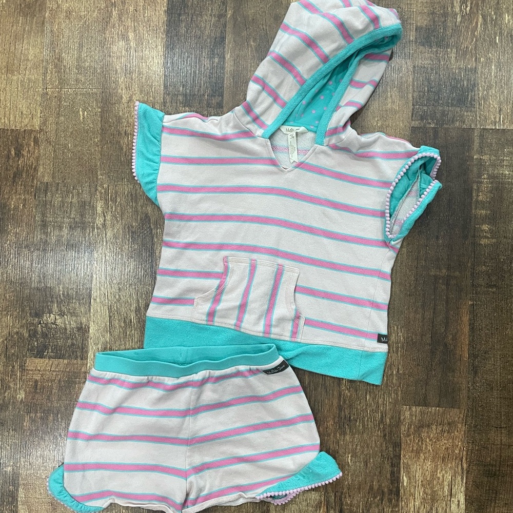 Matilda Jane Girls Size 10 Hoodie & Shorts Set Pink Aqua Striped Terry